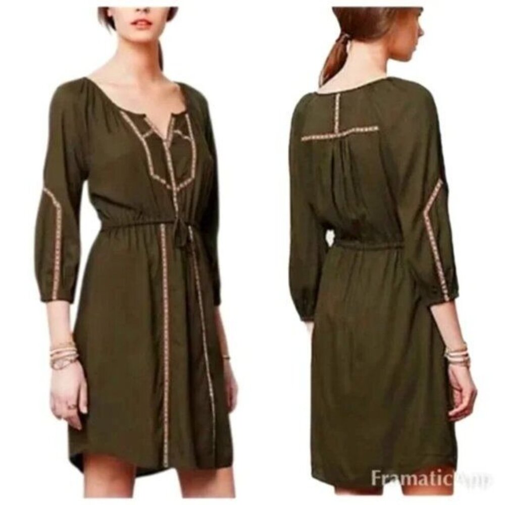Anthropologie Edme & Esyllte Peasant Dress Olive Green Tie Waist Knee Length